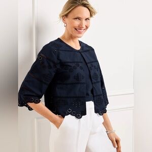 NEW Talbots Aqua Club Eyelet Shrug Jacket Scalloped Hem Blue Medium Nautical
